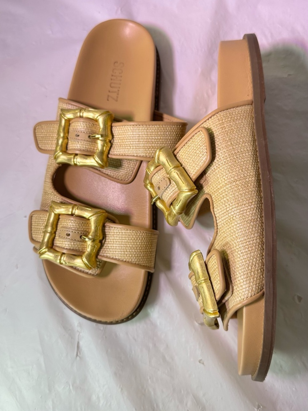 SCHUTZ Tan Slide Sandals with Gold Buckle Accents - Picture 6 of 11